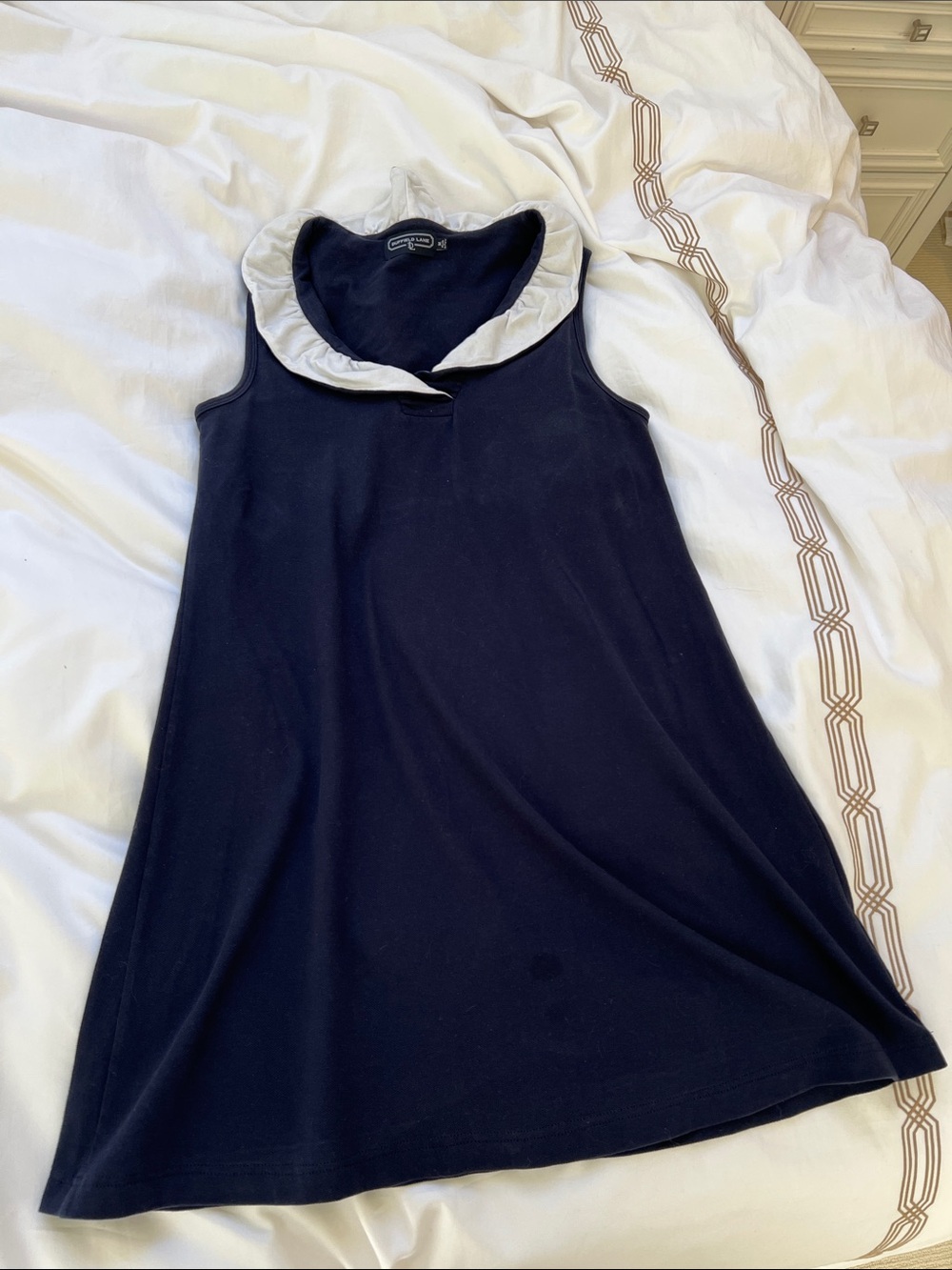 Casual cotton, navy with white ruffle collar dress
